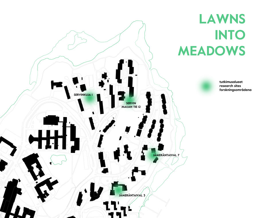 A map of Otaniemi where the four Lawns into Meadows research sites are highlighted